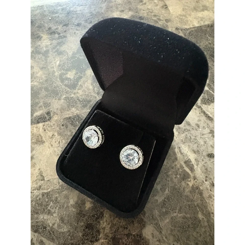 Silver Tone Round‎ Halo Cubic Zirconia Stud Earrings Brilliant Cut Pave Border